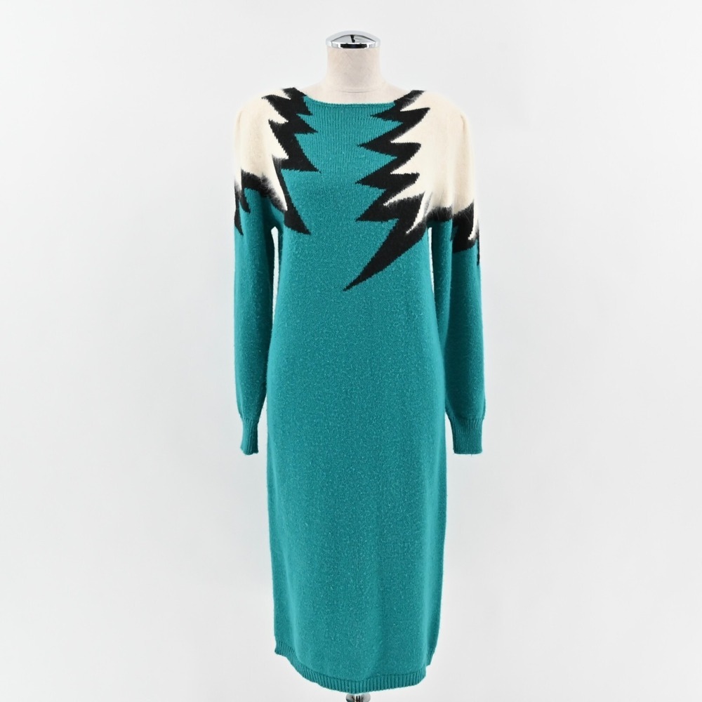 John Richard Sweater Dress Angora Hair Sz M Knit‎ Zig Zag Lightning Teal Vtg 80s